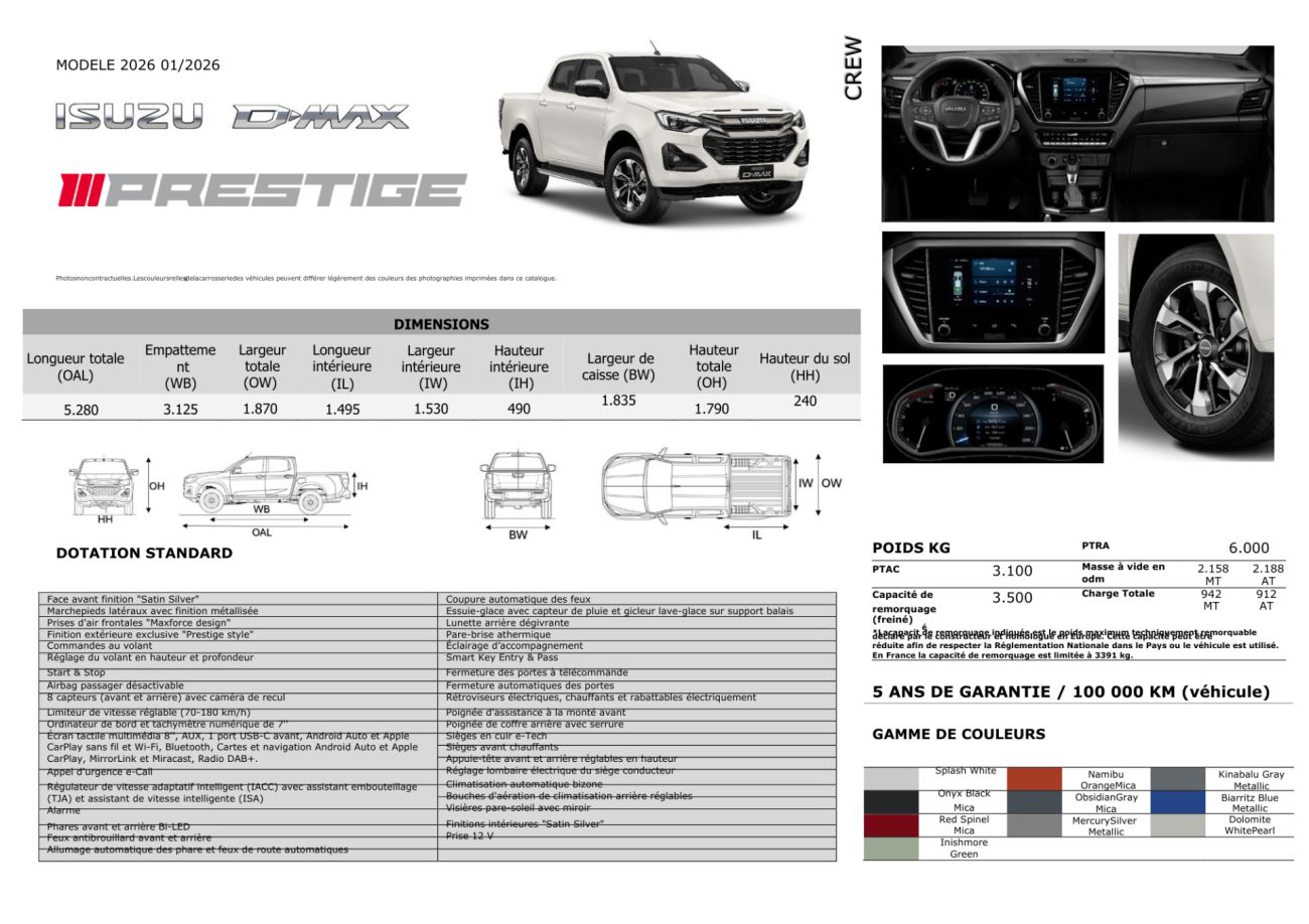 Mandataire ISUZU D-MAX NOUVEAU  2.2L CREW PRESTIGE